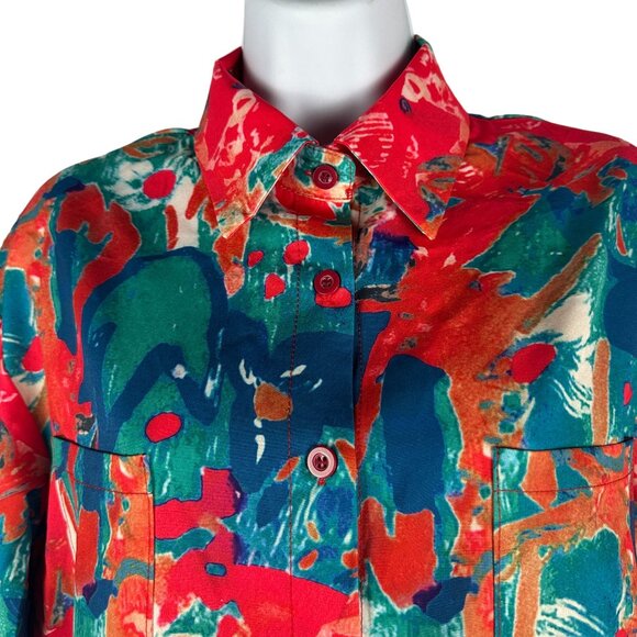 Vintage Abstract Print Button-Up Blouse Size S Polyester Red/Green - Picture 2 of 6